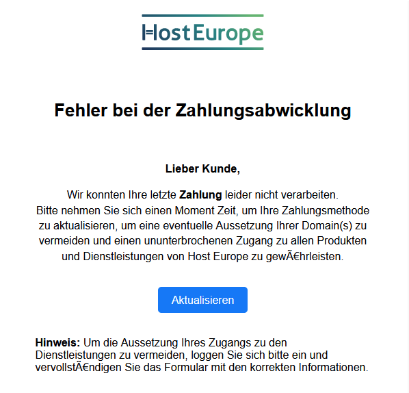 Bildschirmfoto Hosteurope Phishing Mail